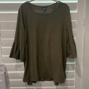 Women's Olive Green 3/4 Ruffle Sleeve Distressed Knit Blouse Top Shirt